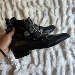 Vince Camuto Corvina Black Leather Studded Buckled Booties